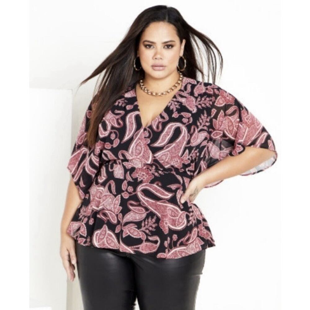 Wrapper Flutter Sleeve Yop Medium Pink Black Paisley Whimsical Goth Flair Boho